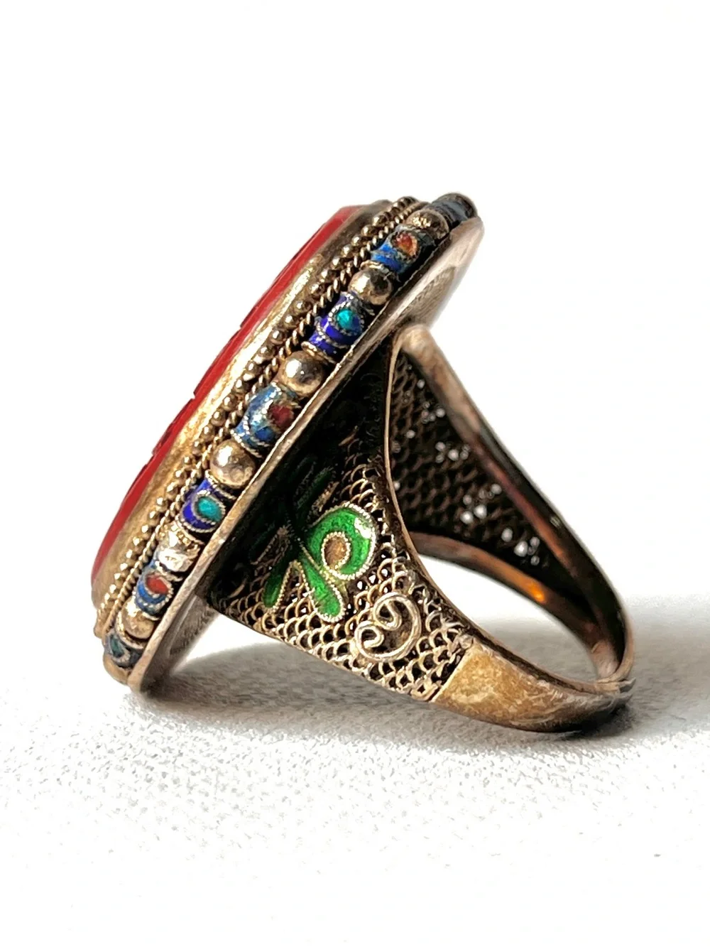 Antique Chinese Cinnabar Ring Carved Floral Silver Gold Gilt Enamel Adjustable